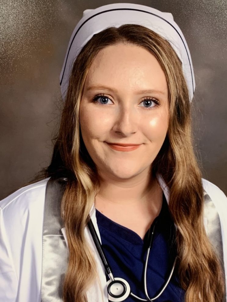 Mercedes Meeks. A portrait of a woman wearing a nursing cap, white robe, and stethoscope around her neck.