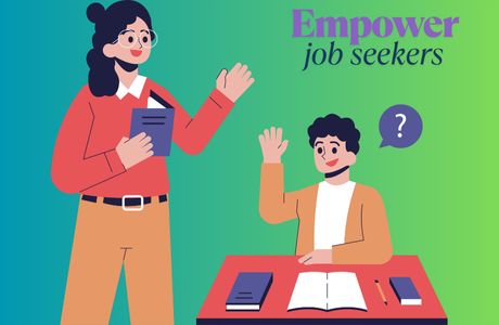 Train Job Seekers Graphic of a teacher teaching a student at a desk who is asking a question. Text reads "Empower job seekers."