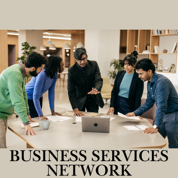 Group of diverse individuals collaborating together in front of a computer. Text reads "Business Services Network".
